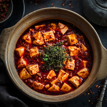 Authentic Mapo Tofu served in a traditional clay pot with soft tofu cubes and spicy chili sauce, garnished with vibrant green peppercorns
