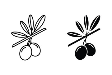 Fototapeta premium Olive branch with olives, line art and solid fill vector illustration
