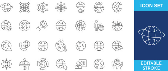 Global network and earth geography line icon set for business communication and ecology concepts. © Deloara