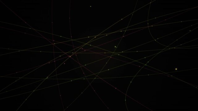 Abstract geometric lines and dots forming a data flow visualization on black background