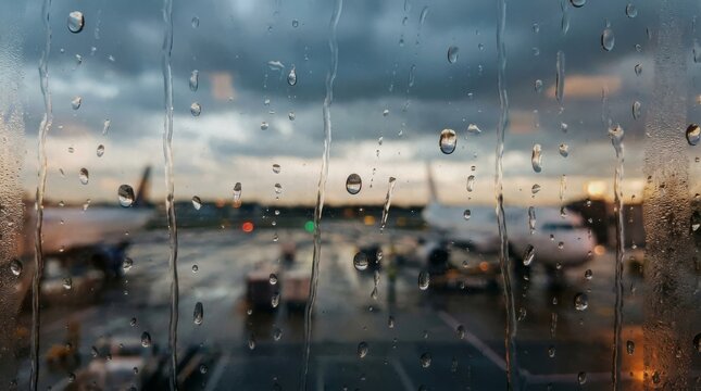 Close up of water droplets on glass at the airport during a rainy day with airplanes visible in the background