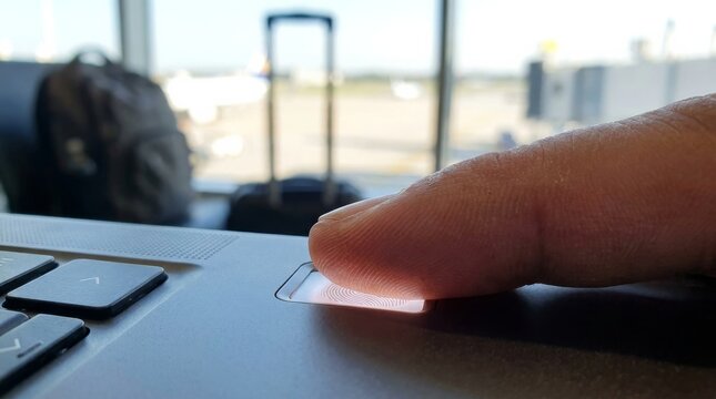 Close up of a finger navigating a laptop touchpad at an airport with luggage visible in the background