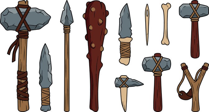 Stone Age primitive weapons vector cartoon set featuring prehistoric flint axes hunting spears wooden club stone knives hammer slingshot needle and bone.