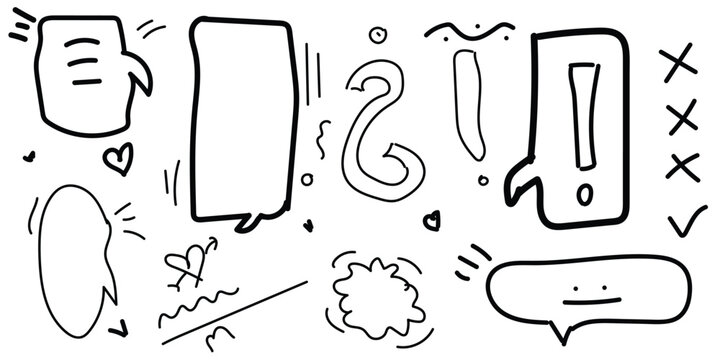 Hand‑drawn doodle vector illustration with speech bubbles, question mark, exclamation mark, hearts, scribbles, and decorative sketch elements