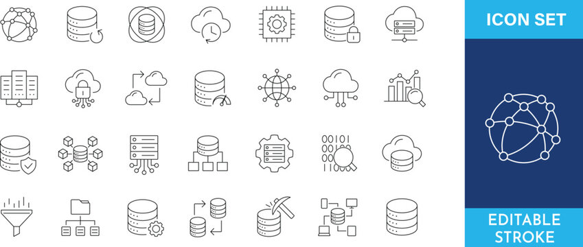 Data and network icon set for technology and big data management.