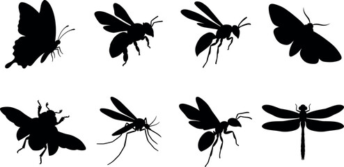 Black Silhouette Vector Set of Insects Including Butterfly, Bee, and Dragonfly © ROUNOK