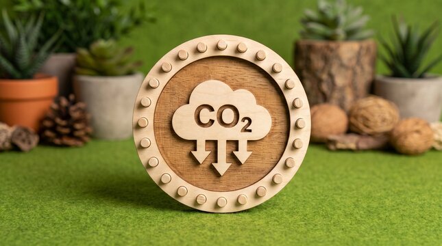 Wooden coin with CO2 cloud and downward arrows symbol on green grass background, representing carbon footprint reduction, sustainability, and environmental protection concept.