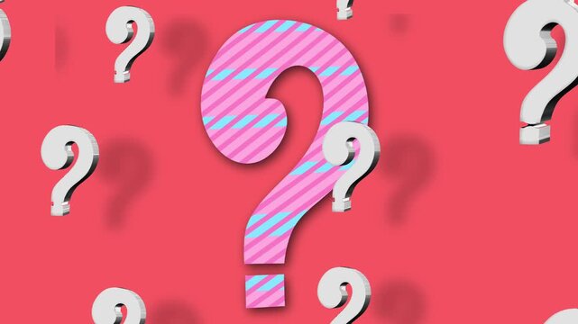 Animated 3D question marks floating around a large central question mark on a red background. Modern motion graphic loop representing FAQ, inquiry, confusion, uncertainty, problem solving.
