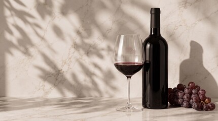 Fototapeta premium A bottle of red wine and a filled glass sitting on a marble countertop with fresh grapes, accented by soft leaf shadows in a minimalist, elegant aesthetic.