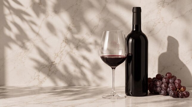 A bottle of red wine and a filled glass sitting on a marble countertop with fresh grapes, accented by soft leaf shadows in a minimalist, elegant aesthetic.