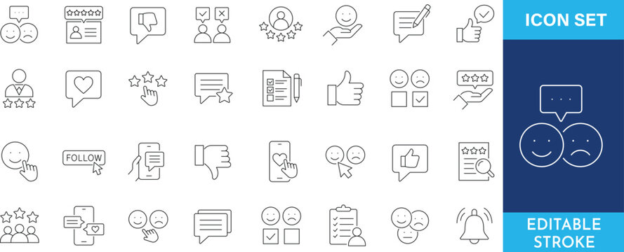 Set of customer review and feedback line icons. user experience, satisfaction, online rating, and client testimonials.
