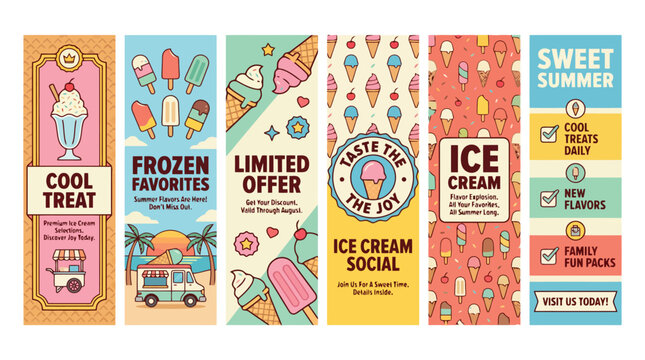 Retro ice cream banner set with vintage summer treats, colorful frozen dessert vertical posters, sweet sundae and popsicle shop marketing graphics