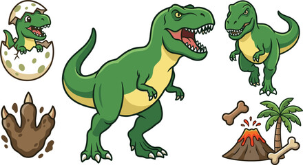 Fototapeta premium Cute Tyrannosaurus rex dinosaur collection with hatching egg footprints and prehistoric volcano cartoon vector illustration set