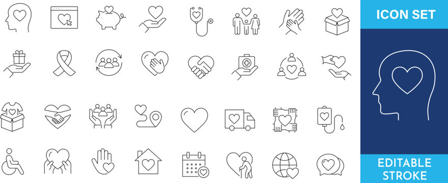 Charity and donation line icons set. Vector illustration isolated on transparent background.