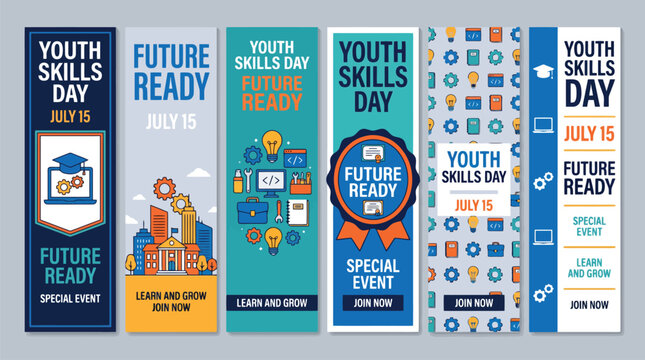 World Youth Skills Day vertical banner set, July 15 future ready promotional templates, 6 educational career development web headers