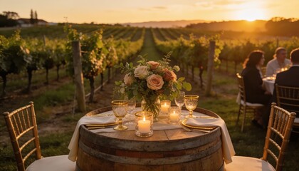 Fototapeta premium Reception wine barrel table with flower display overlooking vineyard at golden sunset