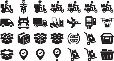 Set of logistics and delivery service icons featuring scooters trucks boxes and shipping symbols © Mahafuz