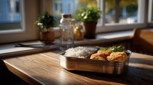 Forgotten lunch box on desk in empty classroom with warm sunlight shining in after school