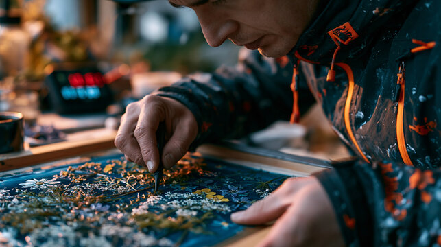 Biologist prepares a cyanotype contact print by arranging pressed wildflowers on sensitized paper in direct sunlight outside a research station, exposure timer set, botanical documentation, alternat
