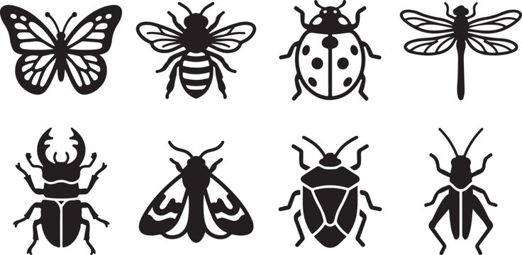 Set of black silhouette icons of various insects and bugs including butterfly bee and ladybug