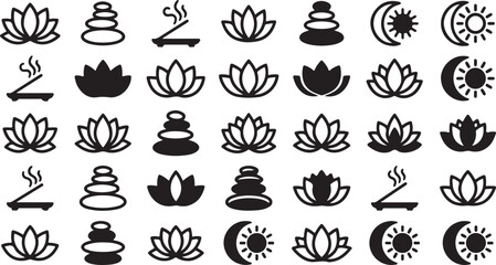 Naklejka premium Set of black spa and wellness icons featuring lotus flowers stones and incense sticks