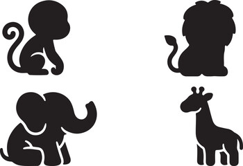 Set of cute wild animal silhouettes including monkey lion elephant and giraffe vector icons © Mahafuz