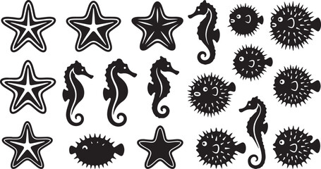 Set of black silhouette icons featuring starfish seahorses and puffer fish for ocean design © Mahafuz