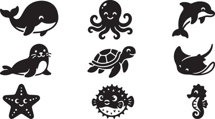 Set of cute black sea animal icons including whale octopus dolphin turtle seal and starfish © Mahafuz
