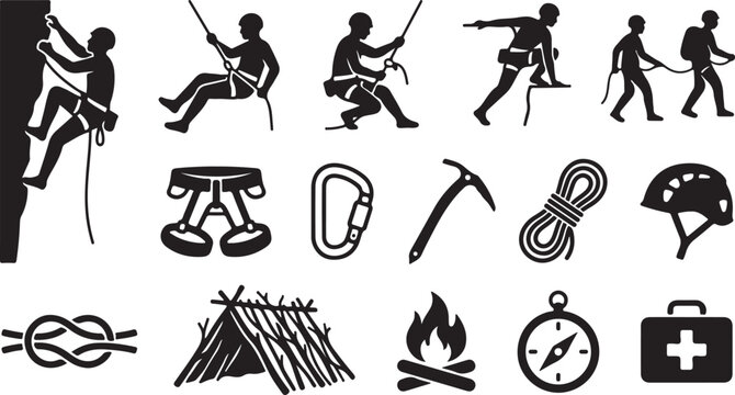 Set of black icons for rock climbing and outdoor survival adventure equipment