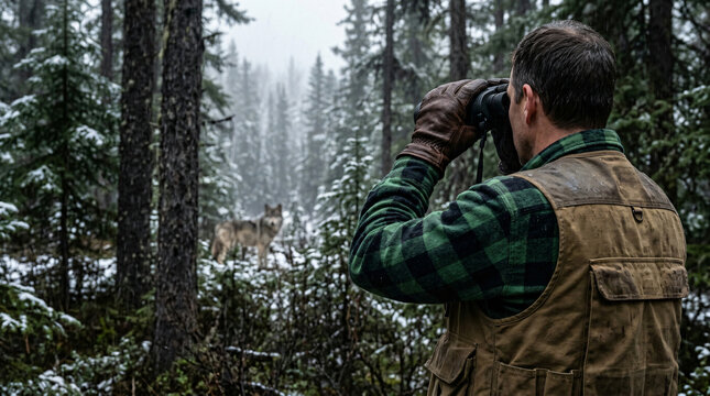 Hunter Using Binoculars to Track Wild Wolf in Snowy Forest Landscape