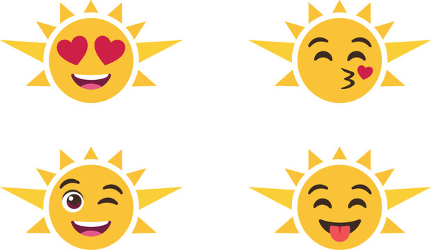 Cute Sun Emoji Expression Set, Happy Cartoon Weather Icons Vector Illustration Collection for Stickers and Messaging Apps