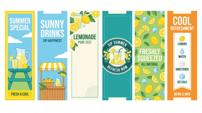 Summer lemonade banner set, fresh citrus drink vertical posters, sunny beverage menu templates with lemon illustrations and juice stand graphics