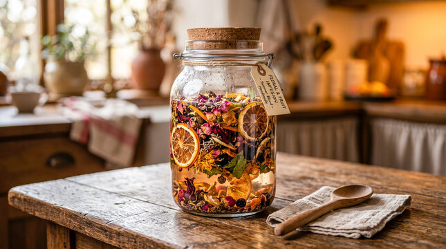 Mockup fotorrealista de un tarro de cristal transparente lleno de mezcla de infusi&oacute;n de frutas y flores secas. Colocado sobre una mesa r&uacute;stica con cucharilla de madera. Fondo c&aacute;lido desenfocado. 