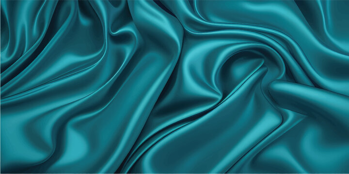 Dark teal green silk satin. Shiny smooth fabric, soft folds. Luxury background with space for design. Flat lay, top view. Birthday, Christmas, Valentine&acirc;&euro;&trade;s, New Year&acirc;&euro;&trade;s theme.