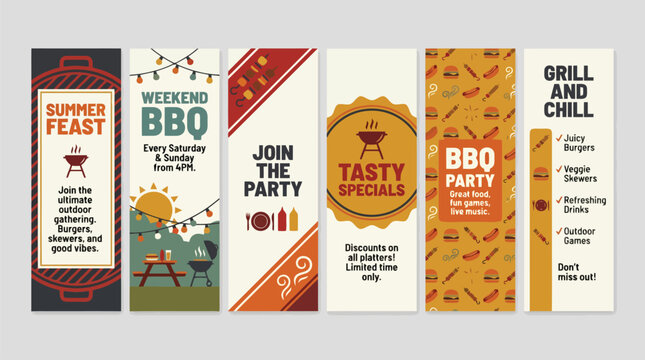 BBQ party vertical banner set, summer feast and grill event invitation templates, outdoor cookout social media stories with food icons