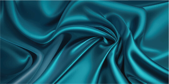 Dark teal green silk satin. Shiny smooth fabric. Soft folds. Luxury background with space for design. web banner. Flat lay, top view table. Birthday, Christmas, Valentine, New year