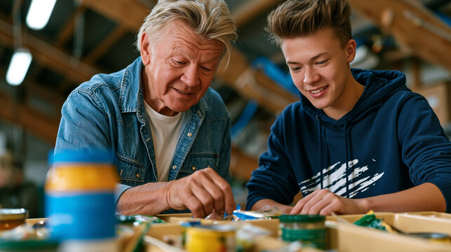 Food bank donation sorting volunteer pairs an older retiree with a teenager at a processing table, both checking expiration dates and separating pantry items into category bins, their easy banter ac