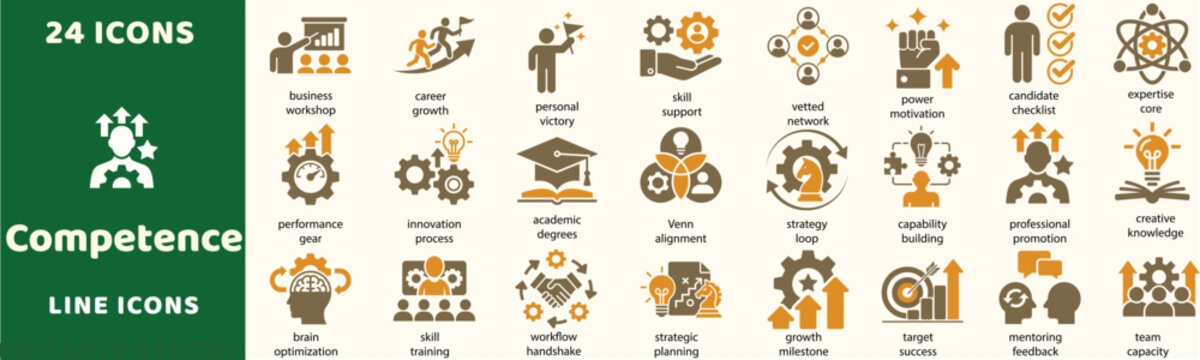 Competence vector icons. Professional development skill training career growth core expertise performance and business capability glyph signs set. Professional promotion icon