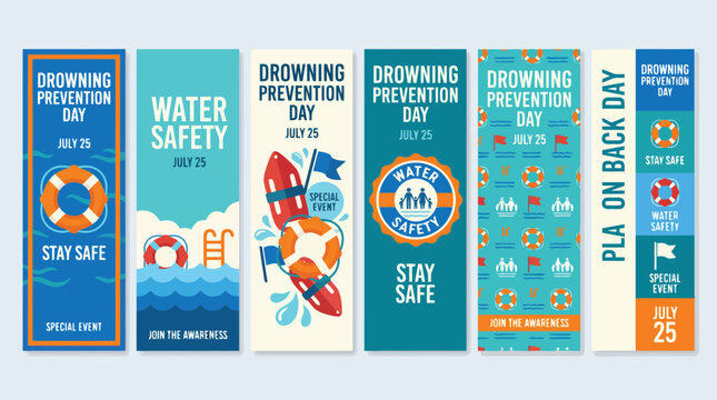 World Drowning Prevention Day vertical banner set, water safety awareness campaign posters with lifebuoys and rescue equipment, July 25 event vector
