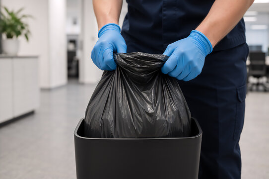 Close up man hand holding a full trash black bag above a bin. Cleaner removing garbage for recycling and waste collection. Cleaning concept
