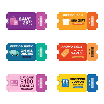 Set of six colorful decorative retail gift coupons and vouchers with shopping