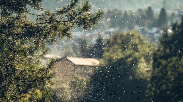 Flying insects swarm over trees and houses sunlight pine branch