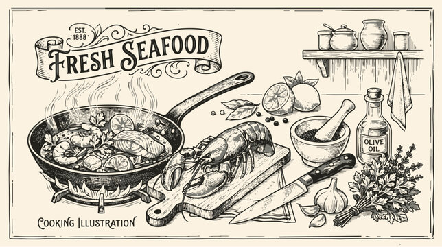 Vintage Fresh Seafood Cooking Illustration with Lobster and Fish in Frying Pan