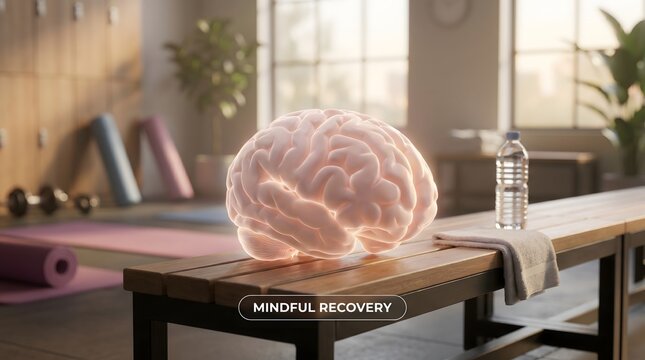 The brain is sitting on bench in front of yoga mat and.