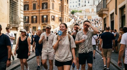 Obraz premium Group of young travelers walking through the historic streets of Rome.