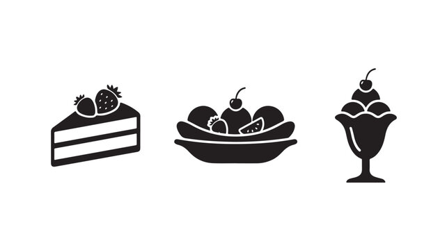 Black and white illustrations of cake, fruit bowl, and ice cream sundae on white background for food and dessert concepts