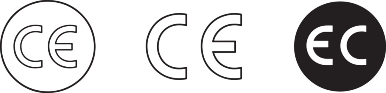 CE mark icon set in line and solid styles for certification, compliance and safety vector graphics.