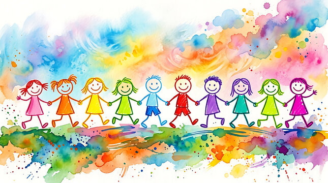 Colorful Stylized Children Holding Hands Friendship Day Illustration