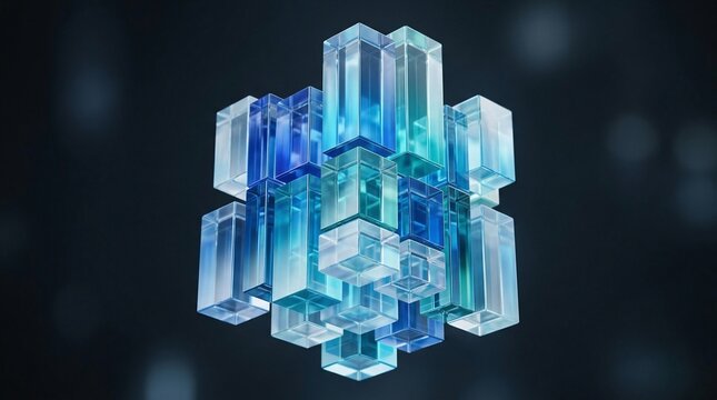 Geometric complex structure made of interconnected transparent blue and cyan rectangular glass blocks floating in dark void representing digital architectural design and technological innovation.