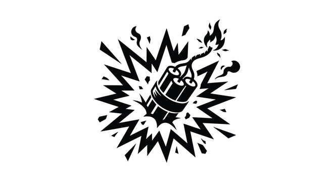 Dynamite stick explosion with sparks black and white silhouette